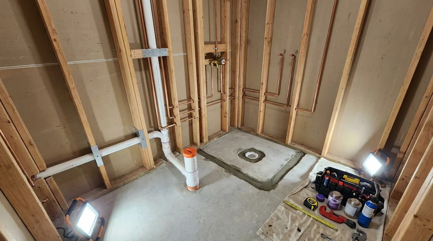 Bathroom rough-in plumbing during remodel by Johns Plumbing LLC in Schuylerville