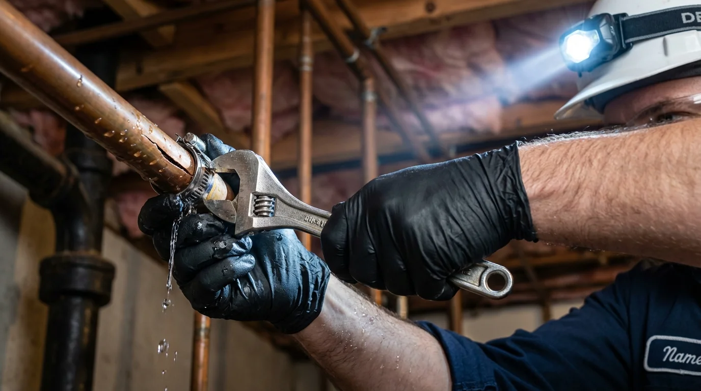 Emergency pipe clamp repair being performed by a Johns Plumbing LLC plumber in Schuylerville