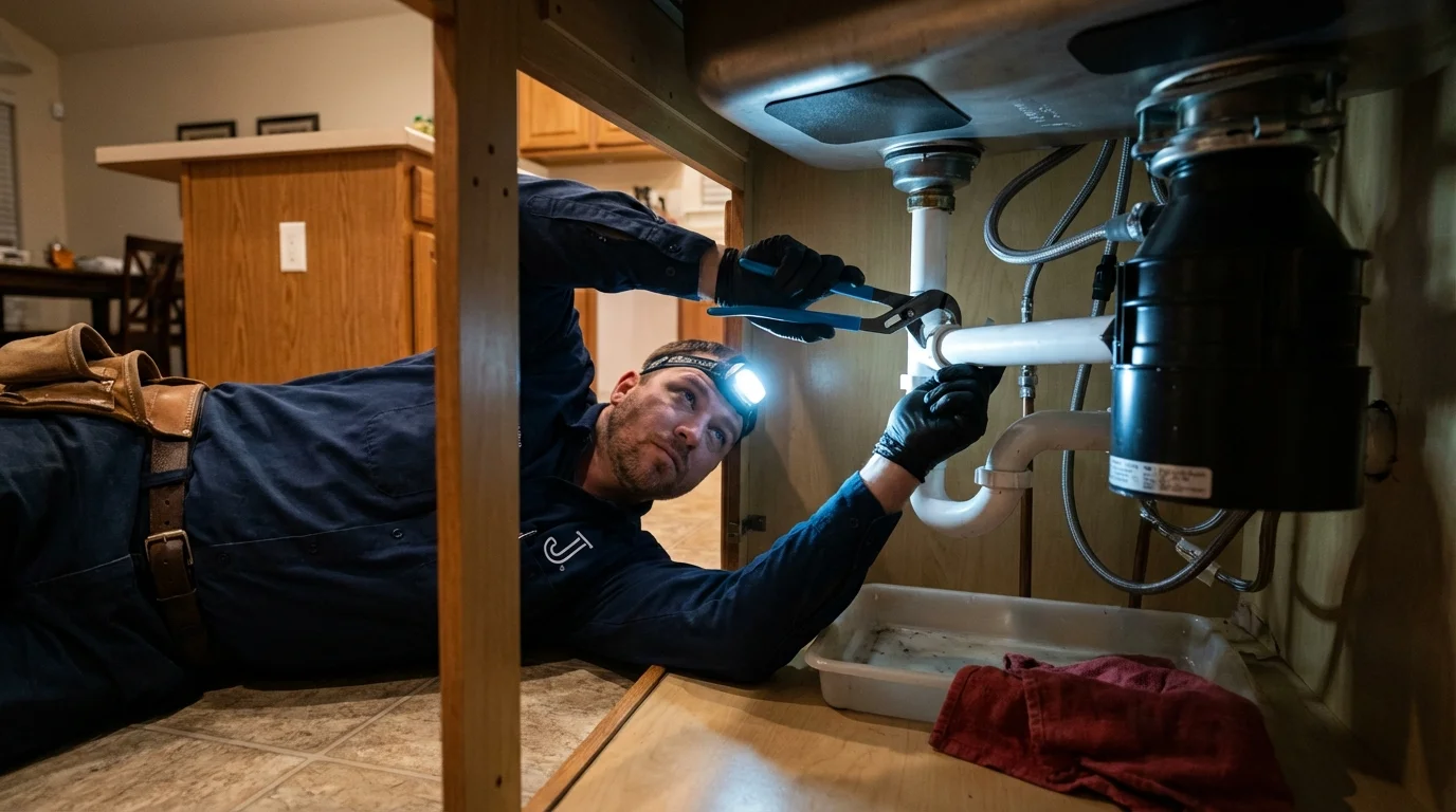 P-trap and supply line connections under a kitchen sink showing a common leak point in Schuylerville, NY